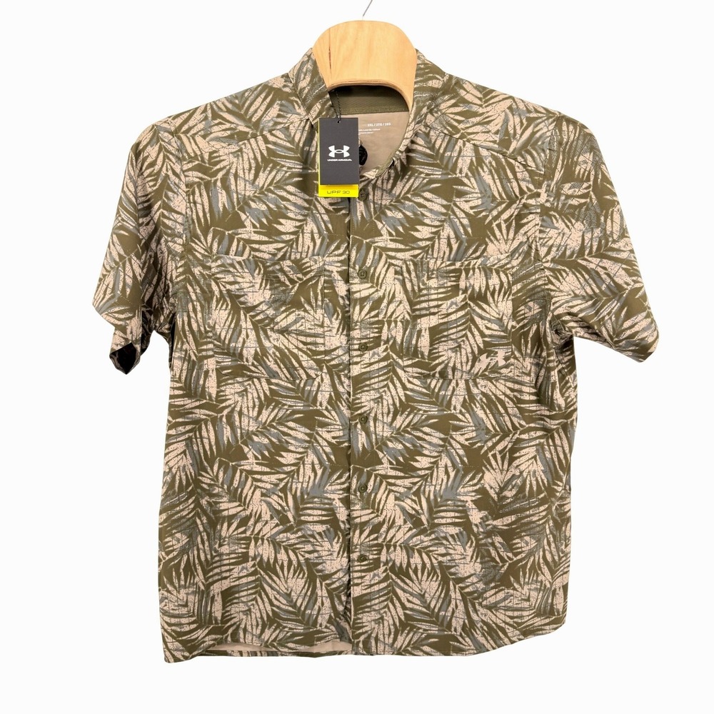 NEW Under Armour Outdoor Essential Woven Mens 2XL Shirt Green Palm Leaf UPF 30